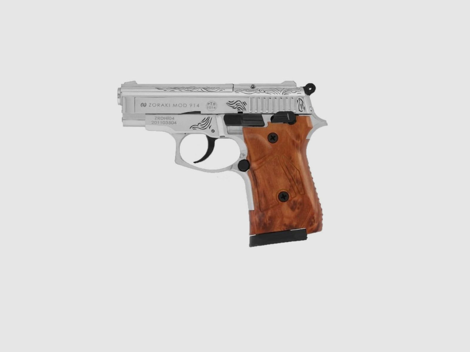 Zoraki 914-P Chrome Engraved Blank Firing Pistol 9 mm P.A.K.