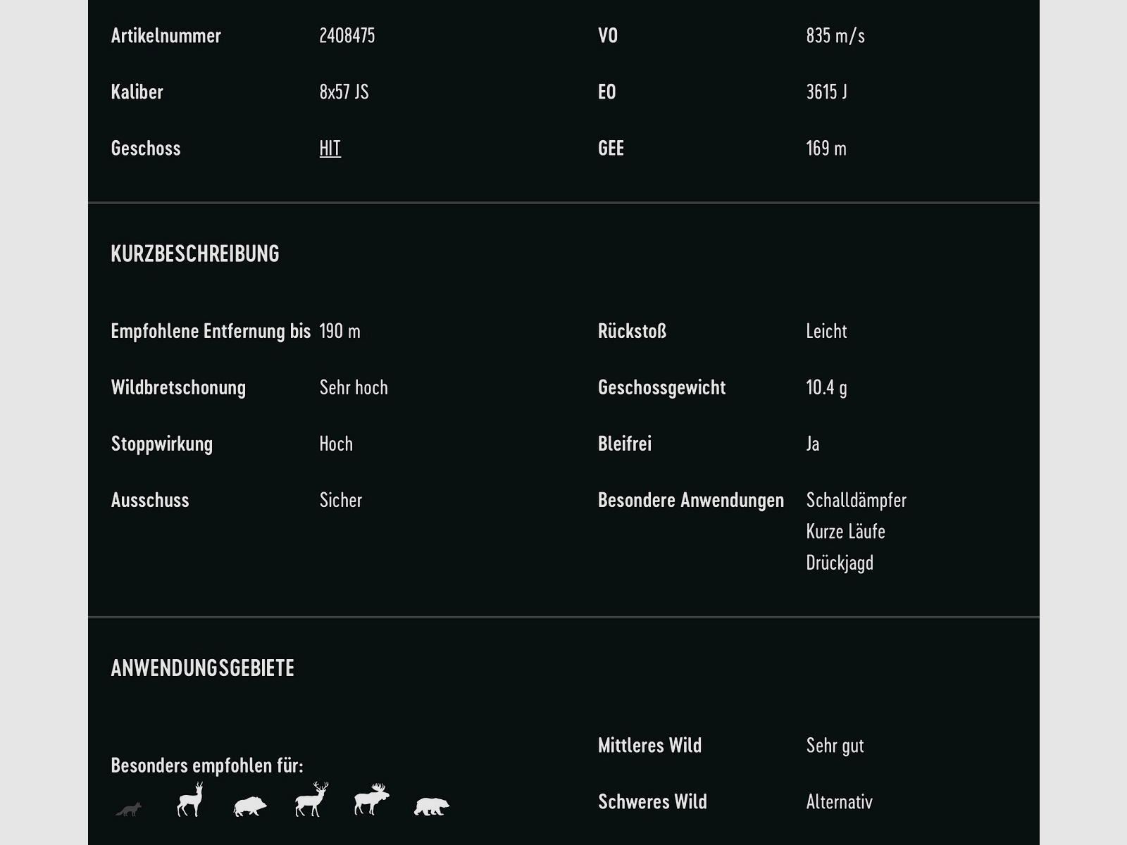 RWS 2408475 Cartouches 8x57 IS HIT Carabine courte 10,4 g160grs. Sans plomb