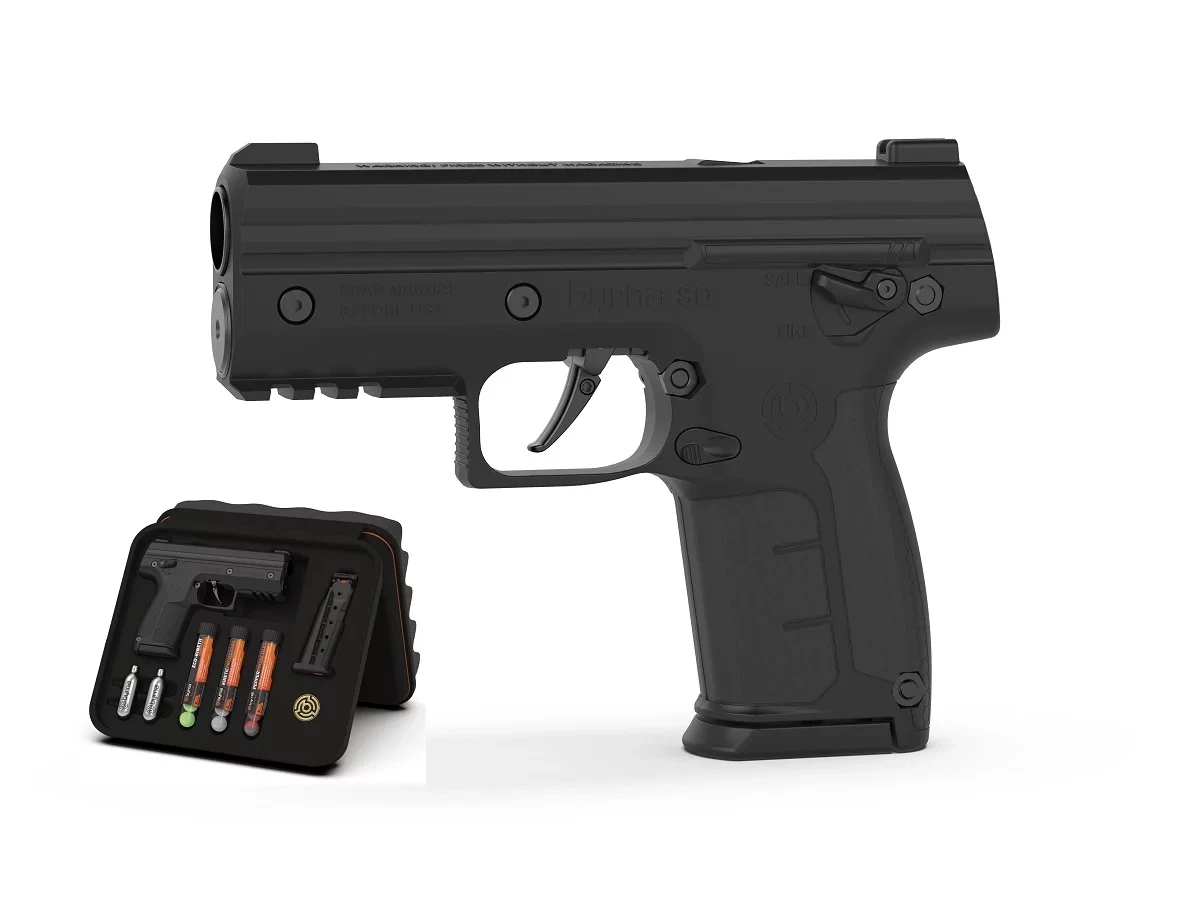 Pistola Byrna SD cal. .68 negra, cápsula de CO2 de 8 g para bolas de pimienta y de goma