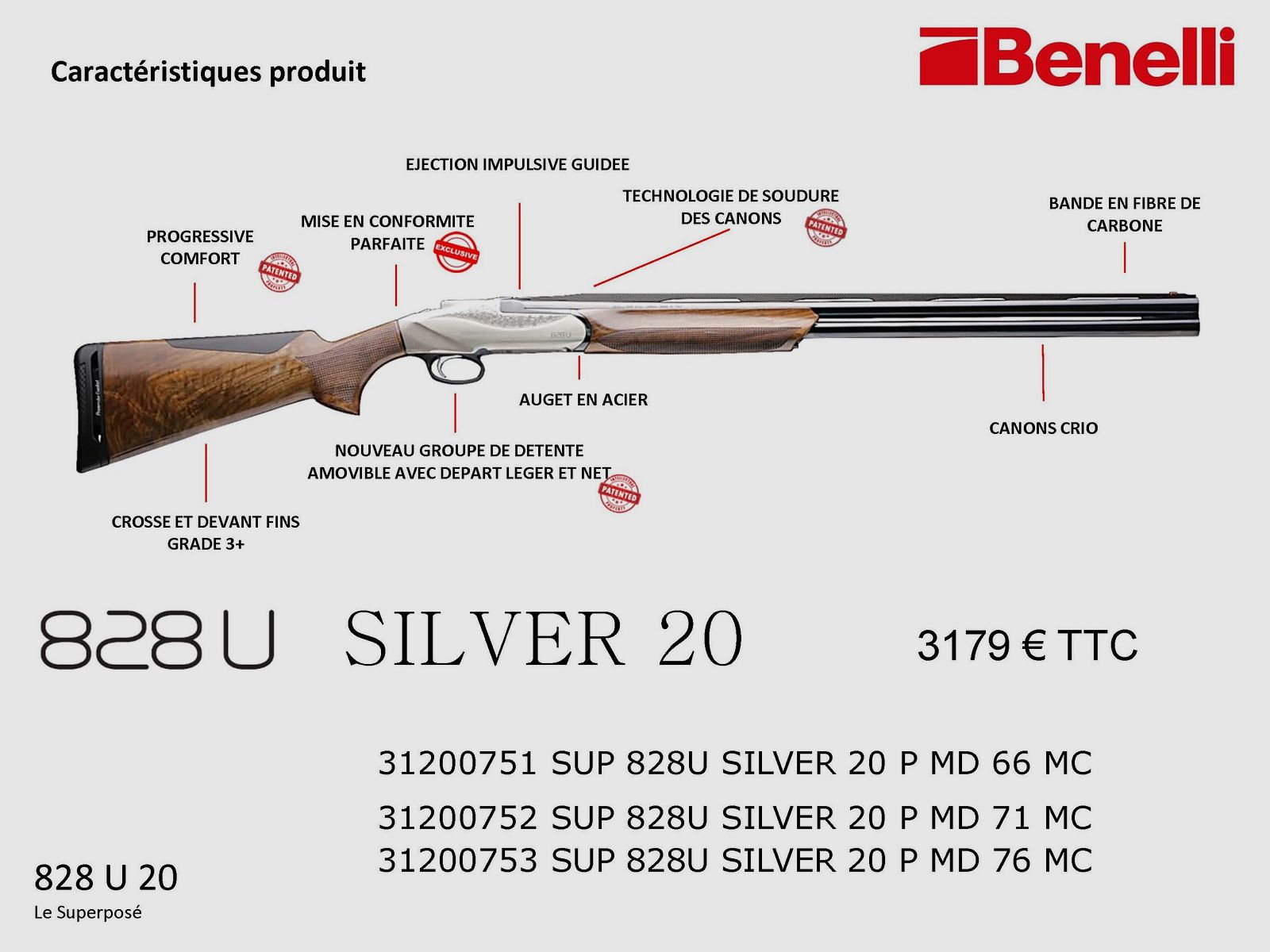 Benelli 828 U Silver Flinte Kal 20/76 Lauf 71cm, Bild 8 von 8