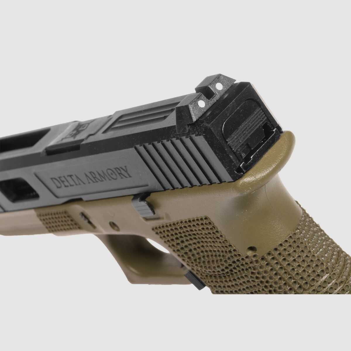 P02 GBB Airsoft Pistol with Grip Stippling in Olive | Delta Armory