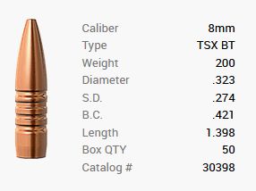 Balle Barnes 8mm/.323 200GR TSX BT 50 pièces