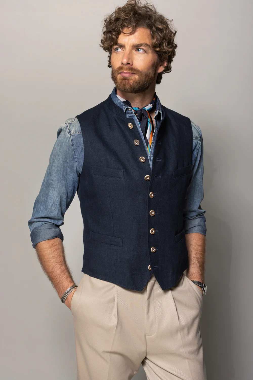 Habsburg Gilet da Uomo in Lino Friedrich in Blu Scuro
