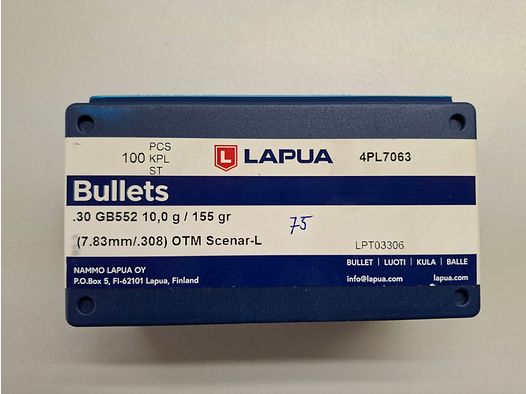 75 sztuk Lapua .308 Win 155grain pociski HPTM Scenar-L GB 552