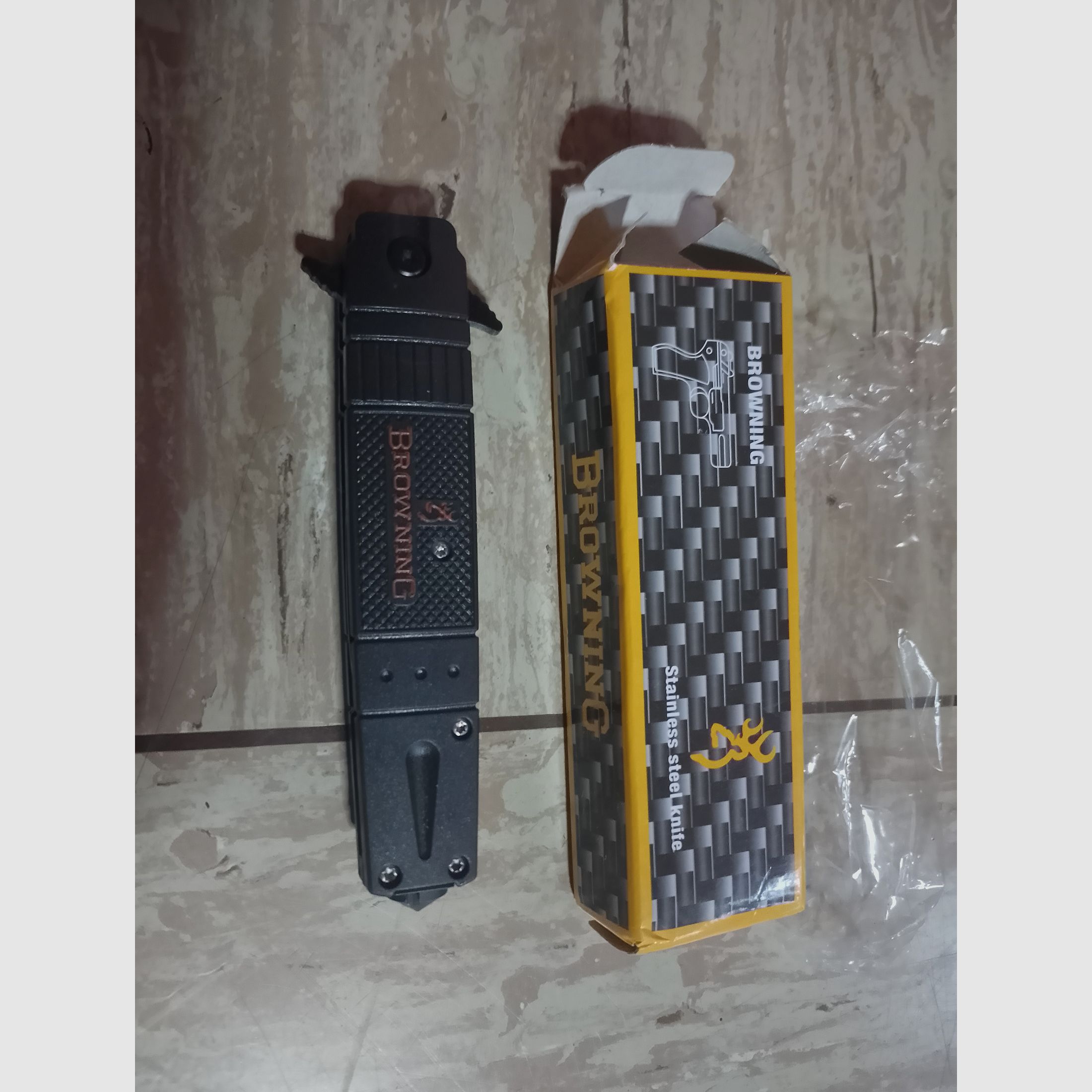 Neues Browning Messer Stainless Steel Knife Schwarz stabiles Klappmesser mit Spitze zum Scheiben einschlagen 