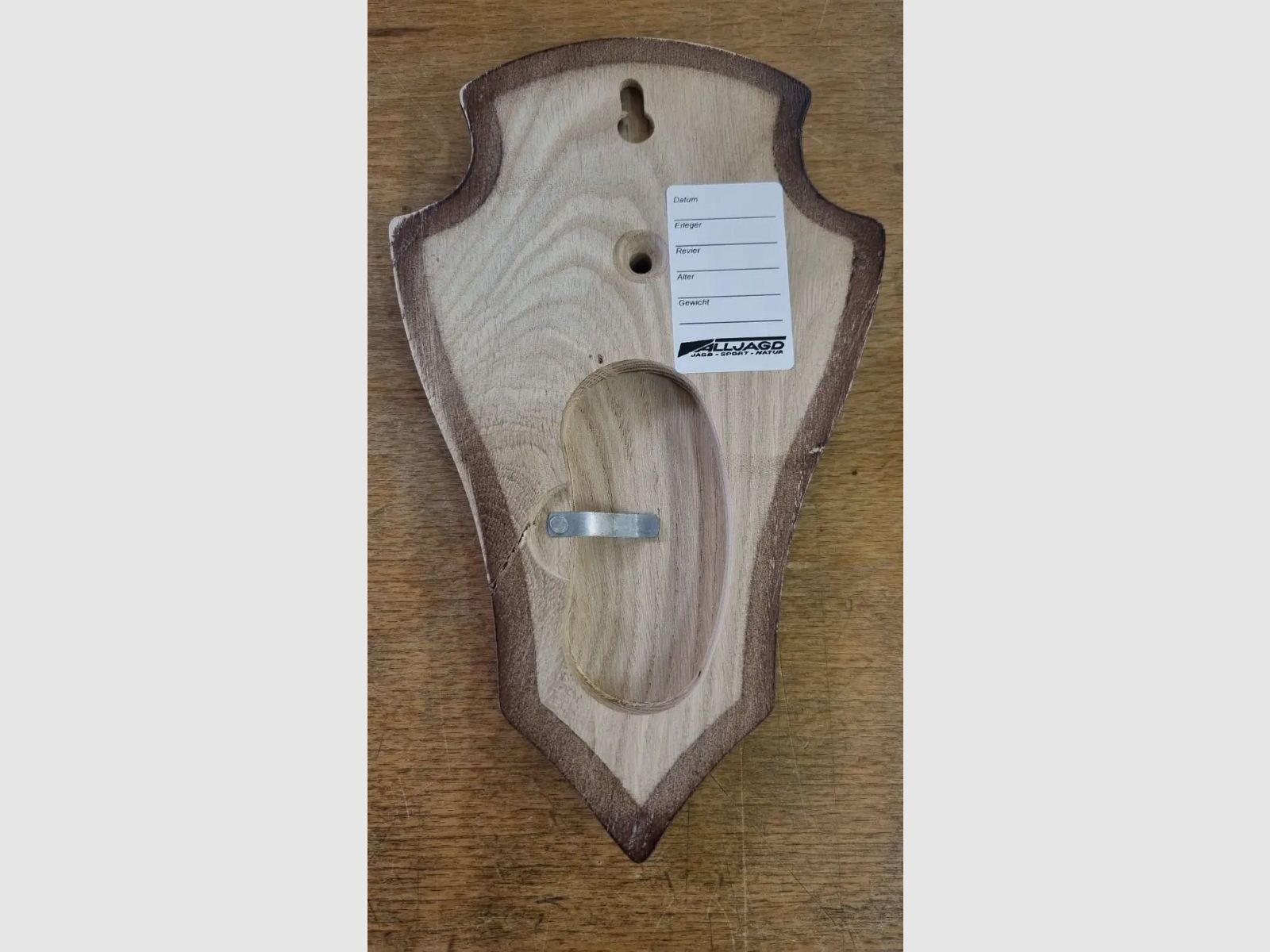 Trophyschild voor ree gemaakt van eikenhout - puntig