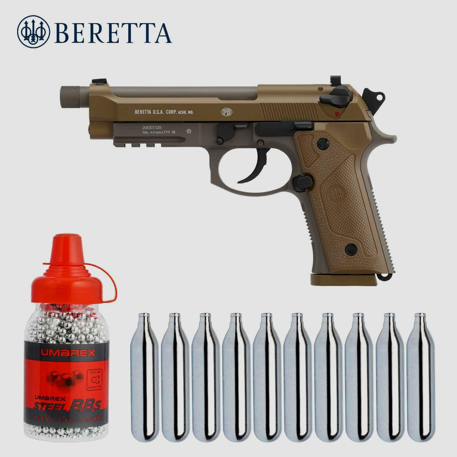 Luftpistolenset Beretta M9A3 FDE 4,5 mm Stahl BB Co2-Pistole Vollmetall Blow Back (P18)