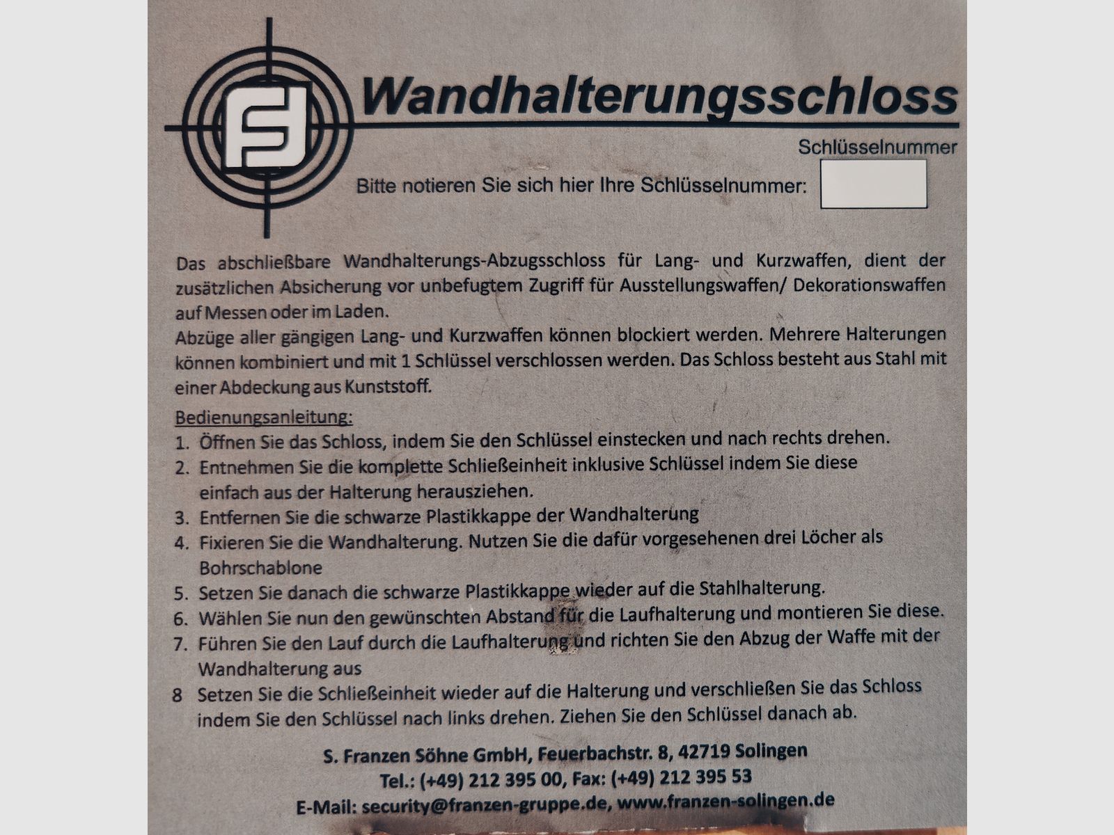 Franzen Wandhalterungsschloss mit Laufhalterung