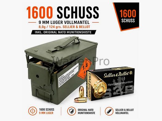 Sellier & Bellot 1600 strzałów 9 mm Luger pełnopłaszczowy 8,0g/124 grs. Sellier & Bellot w skrzynce NATO