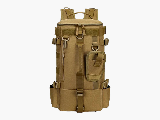 Zaino da pesca con supporto per canne, zaino tattico con MOLLE e scomparti per scatole da esca (Khaki / Colore uniforme)
