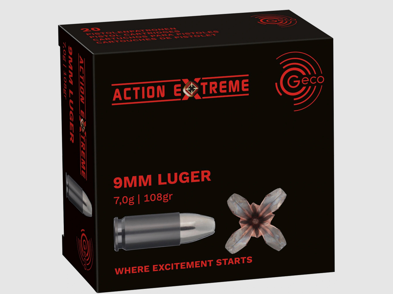 Geco 2408123 9 mm Luger Action Extreme 7,0g 108grs. Munition pour armes de poing sans plomb