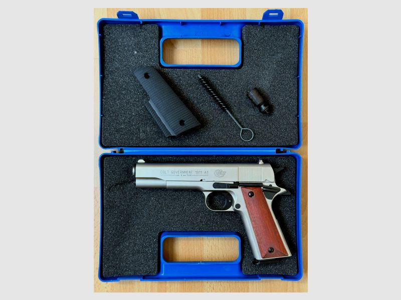 Colt Government 1911 A1 Schreckschuss Pistole 9mm P.A.K. Nickel (PTB 774) Holzgriffe