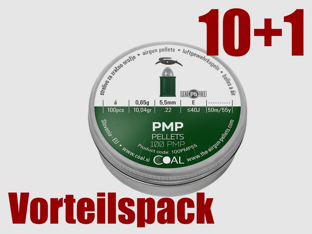 10+1 GRATIS x 100 StĂĽck Coal Plastik Metal Pellets Diabolo, Spitzkopf, bleifrei, 0,65 g, Kaliber 5,5 mm