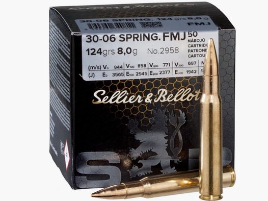 50 Schuss S&B Sellier & Bellot .30-06 SPRING Vollmantel 8g 124gr FMJ Schießkino Patronen Sport SuB