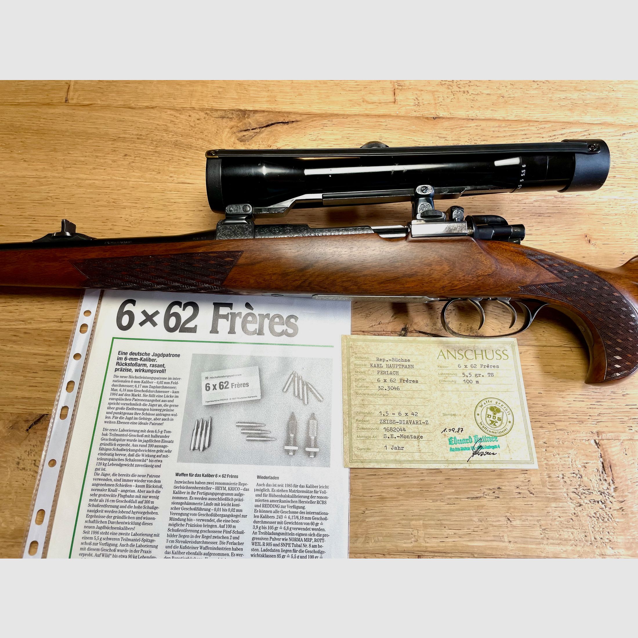 Repetierbüchse Karl Hauptmann Mod. Ferlach Kal. 6x62 Frères mit ZF Zeiss Diavari Z  1,5-6 x42 - neuwertig