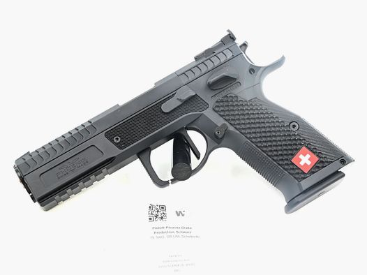 Pistole Phoenix Drake Production, Schwarz, 9×19, SAO, OR LPA, Scheibenkorn schwarz, Lokgrip G10 Schweizer Flagge