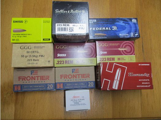 .223 Rem ammunition lot S&B, GGG, Federal, Mesko, Hornady 55, 63, 69, 77 grn