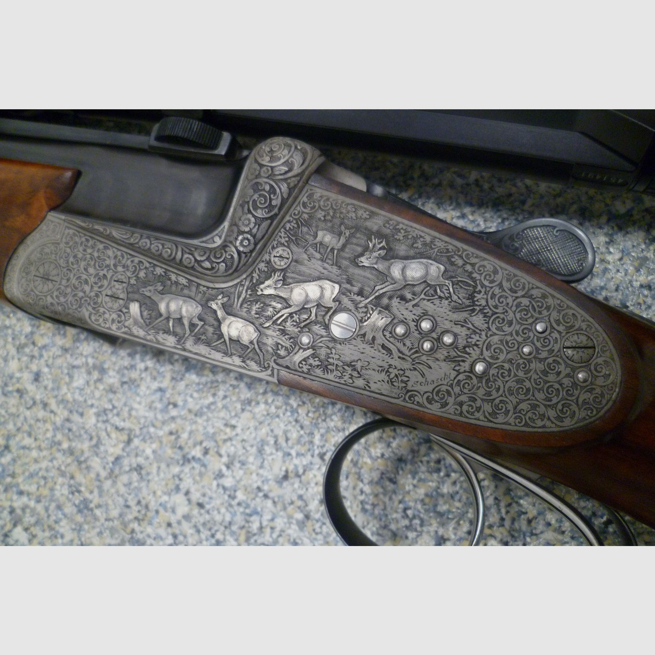 Seitenschloss - Bockdrilling Ludwig Borovnik Ferlach 16/70 & 7x65R & .22 Hornet