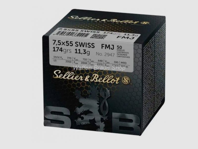 Sellier & Bellot, Büchsenpatronen Vlm 7,5x55 11,3g/174grs 50 Stück