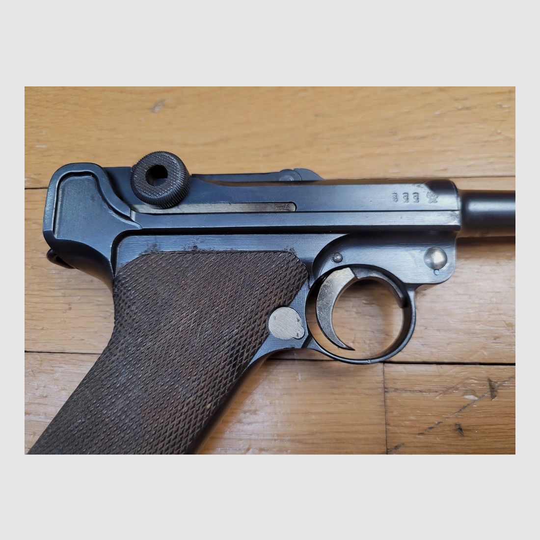 Guter Luger P08 Pistol – DMW von 1916 – Monomatrikel – 100% 14-18 – Gutes Magazin mit Holzboden – Lauf mit guten Zügen – Waffe zu reinigen sowohl für den Schuss als auch für die Sammlung – EM in globalem Zustand, Bild 19 von 21