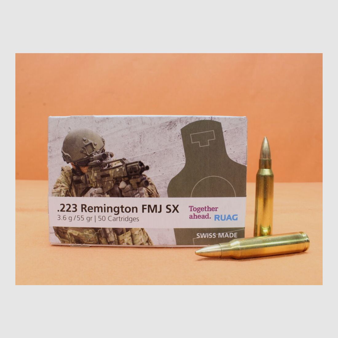 RUAG Patrone .223Rem RUAG 55grs FMJ SX (2412244) VE 50 Patronen/ 3,6g Vollmantel-Target (Schadstoffreduziert)