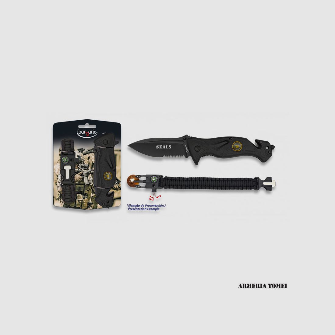 BARBARIC – KLAPPMESSER + PARACORD, KOMPASS, FEUERSTÄBCHEN, PFIFFIKER