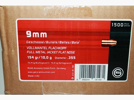 NEU 1.500 Stück GECO Geschosse .355/9mm - 154grs/10g FMJ Vollmantel-Flachkopf TOP-Präzision #2318148