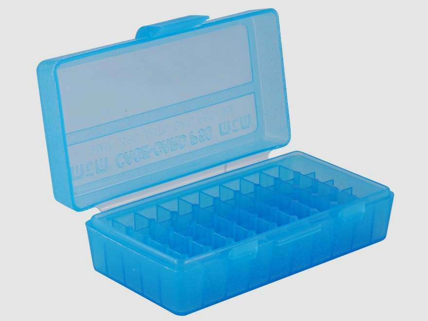 Boîte à cartouches MTM P50-9M-24 bleue claire avec couvercle rabattable pour 50 cartouches 9mm et autres.