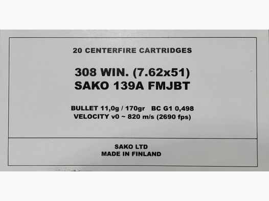 308win SAKO MILITAIRE FMJBT (LOCK BASE) 170GR PER 20