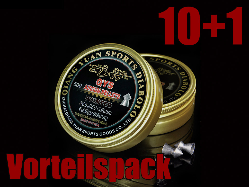 10+1 GRATIS x 500 StĂĽck QYS Qiang Yuan Sports Pointed Diabolo, Spitzkopf, glatt, 0,62 g, Kaliber 4,50 mm