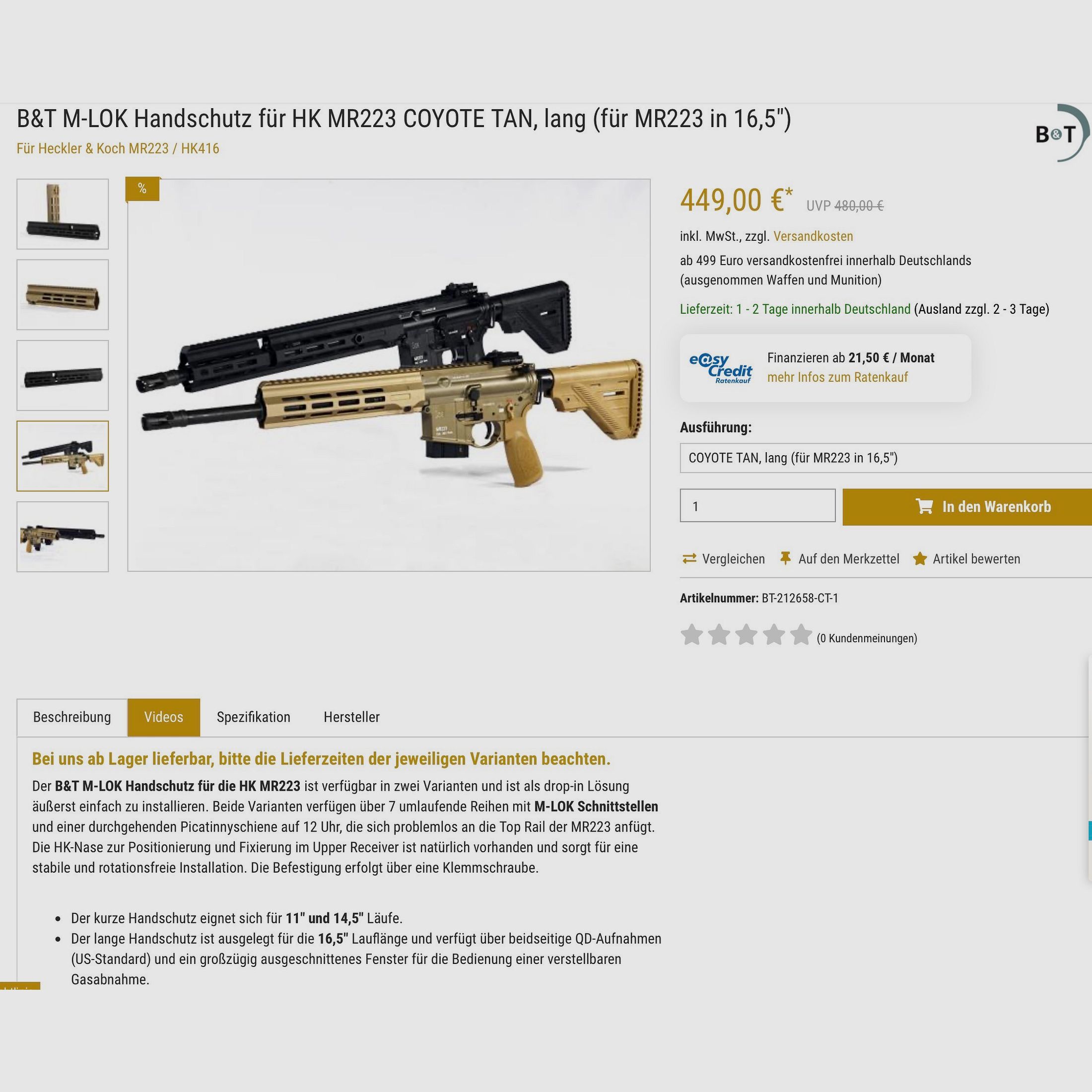 B&T M-LOK protezione per le mani per HK MR223 COYOTE TAN Cerakote lunga (per MR223 in 16,5")