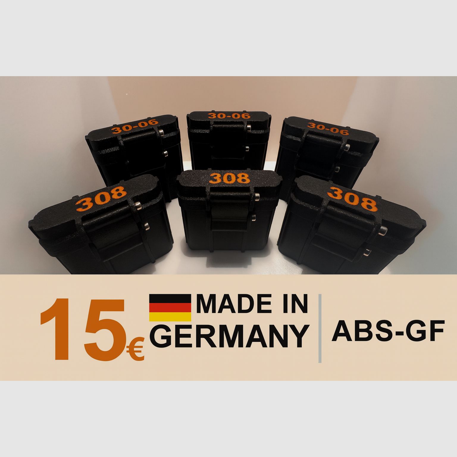 3D-printed ammunition boxes made of ABS-GF – suitable for .308 & .30-06 (5 rounds)