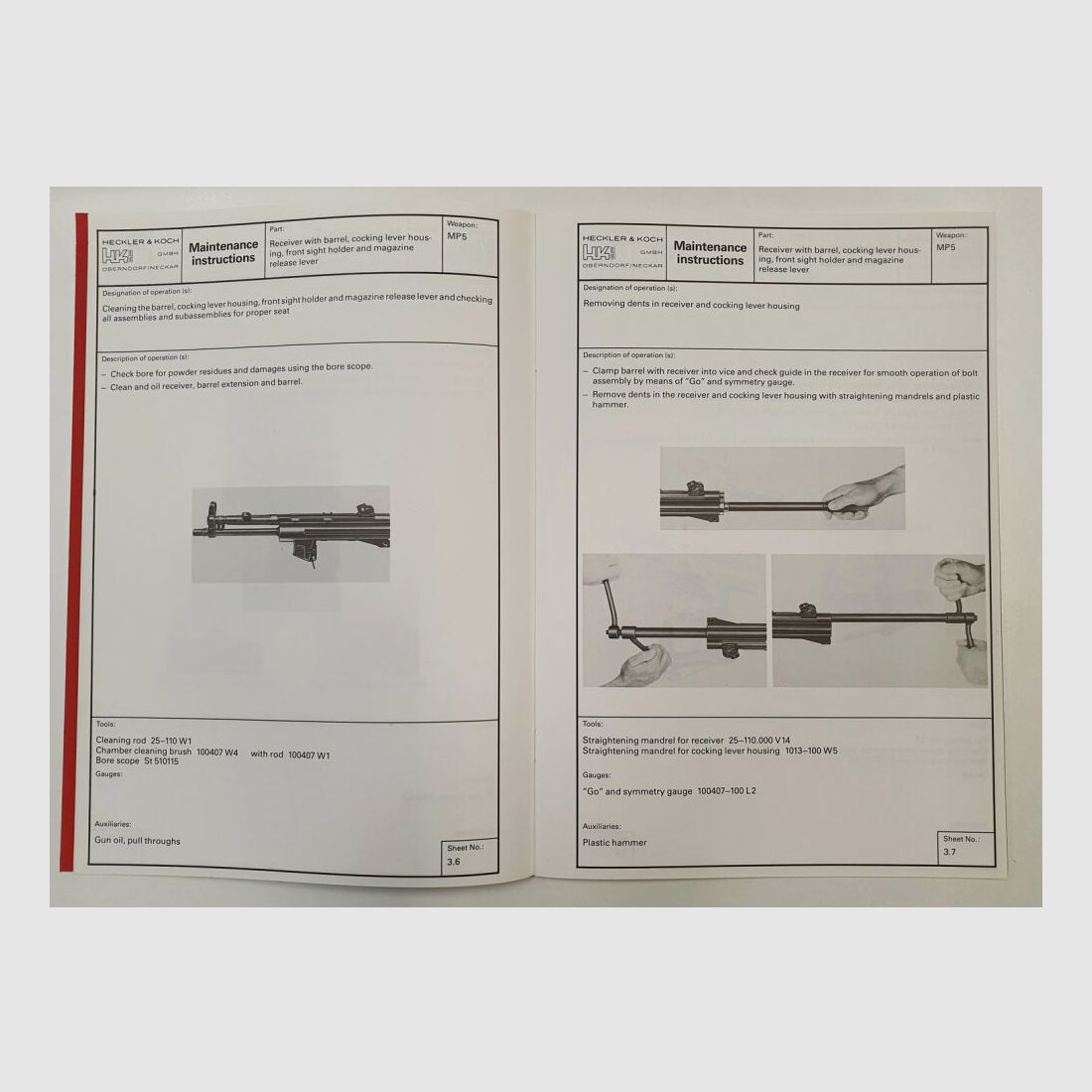 Instrukcje konserwacji i naprawy oryginalnego pistoletu maszynowego HK MP5 Heckler & Koch nr ID 927859 ENG