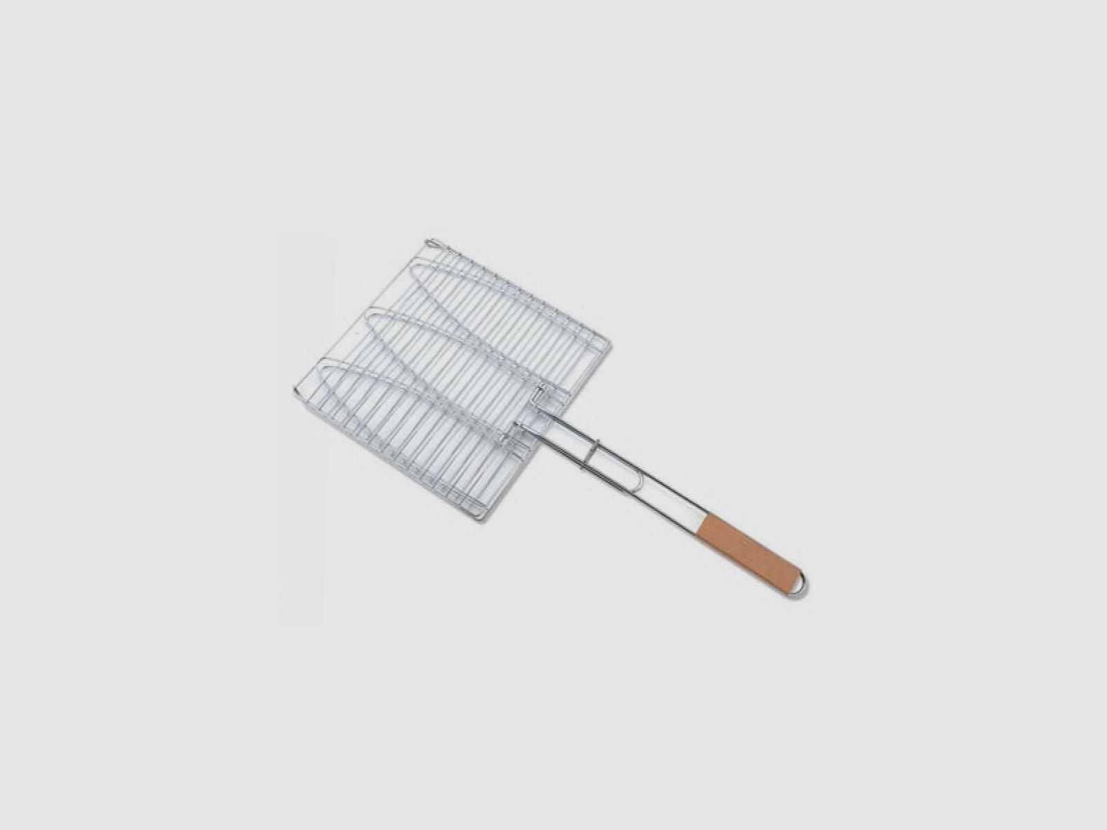 RVS visgrill - drievoudig - met houten handvat