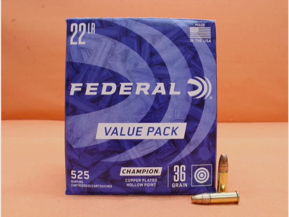 Federal cartridges .22lr Federal 36grs HP (745) VE 525 cartridges (HV: 1260fps) Champion copper plated/ 2.33g hollow point copper plated
