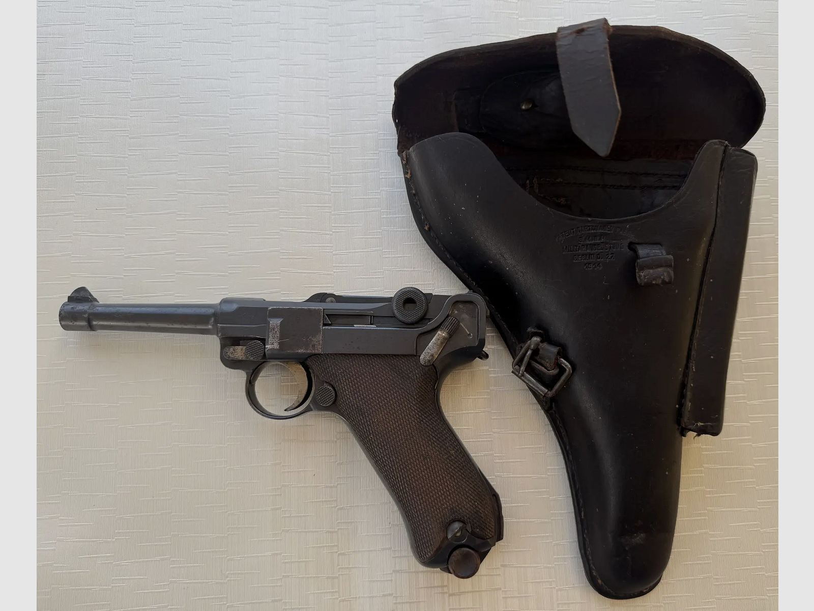 Luger P.08 (DWM 1916) zestaw kompletny z numerem seryjnym: pistolet, magazynek i skórzany kabura, zdjęcie 6 z 6