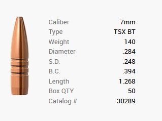 Balas Barnes 7mm/.284 140GR TSX BT 50 piezas
