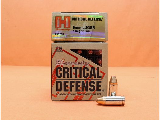 Cartuchos Hornady 9mm Luger Hornady 115grs FTX (90250) VE 25 cartuchos Critical Defense/ 7,45g FTX