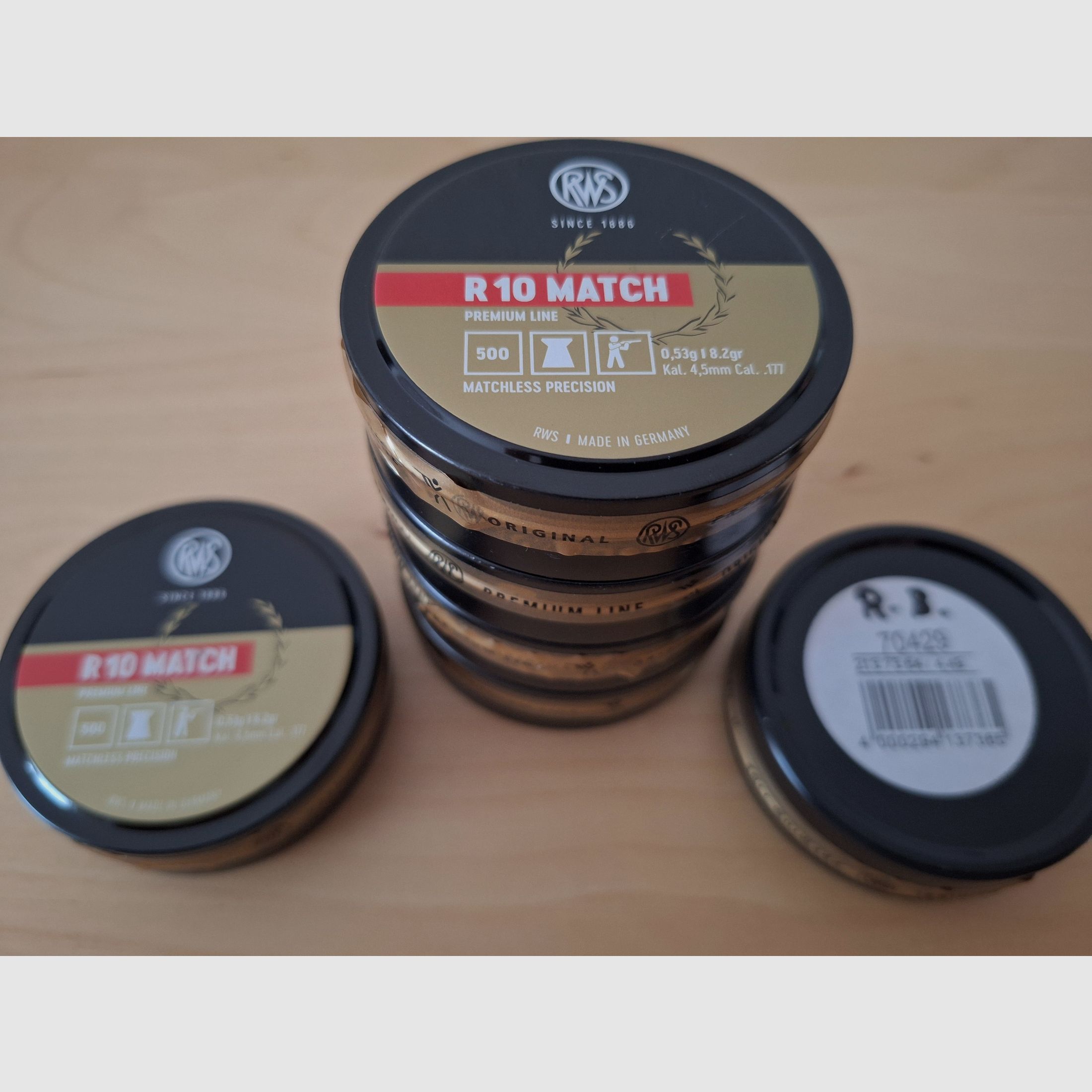 6 Stück Versiegelte Dosen a. 500 Stück RWS R 10 MATCH Premium Line 0,53 g 8,2gr        Ø 4,49 mm Charge Nummer: 70429.