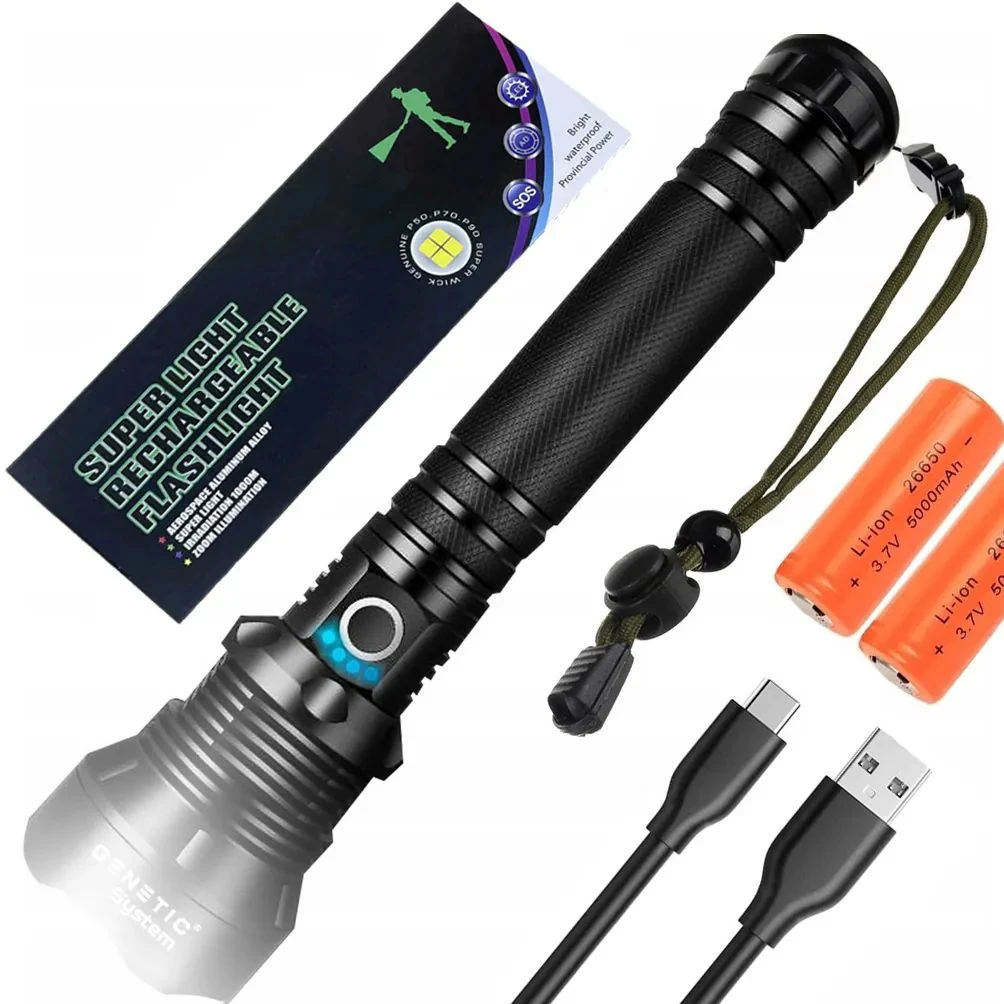 GENETIC Taktische Taschenlampe XHP70 Zoom IP67 USB-C + 2 Akkus 26650