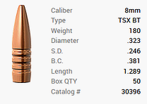 Proiettile Barnes 8mm/.323 180GR TSX BT 50 pezzi