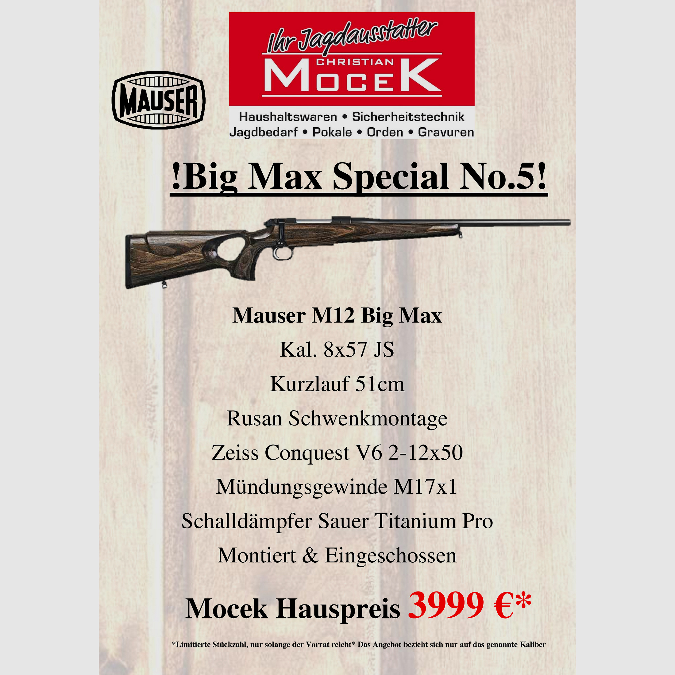 Mauser M12 Big max, mit Zeiss Conquest V6 2-12x50 M, mit Schiene