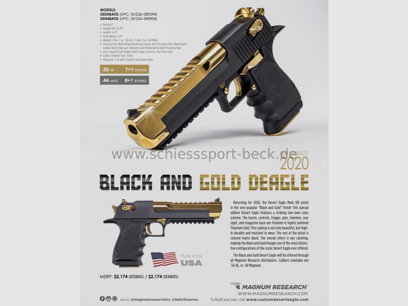 Magnum Research	 Desert Eagle L6" Black T-Gold .44 Magnum