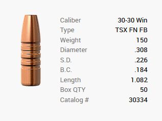 Balle Barnes .30-30/.308 150GR TSX FN FB 50 pièces