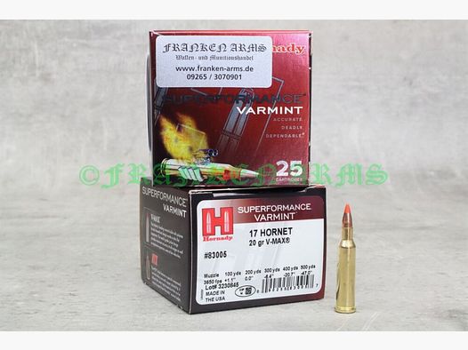 Hornady V-Max .17 Hornet 20gr. 1,3g 25 pièces Prix dégressifs