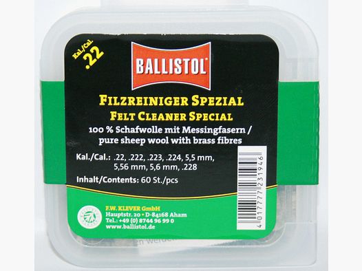 60 x BALLISTOL Reinigungsfilze/Filzreiniger SPEZIAL Cal.22 | Schafwolle mit Messingfasern! 5,6mm 223