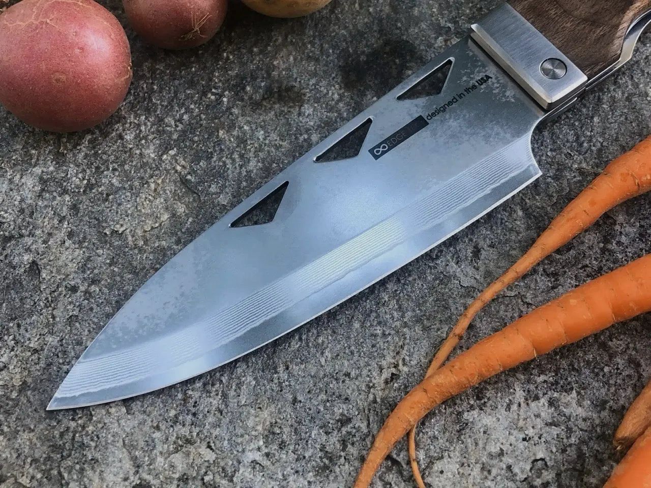 nCamp Elite Couteau de Chef (Lame en Damas/Wood Handle en Noyer) avec Étui en Cuir