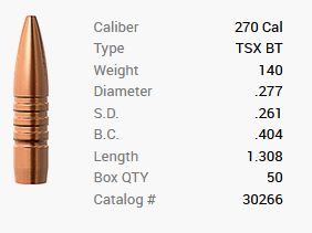 Bala Barnes .270/.277 140GR TSX BT 50 piezas