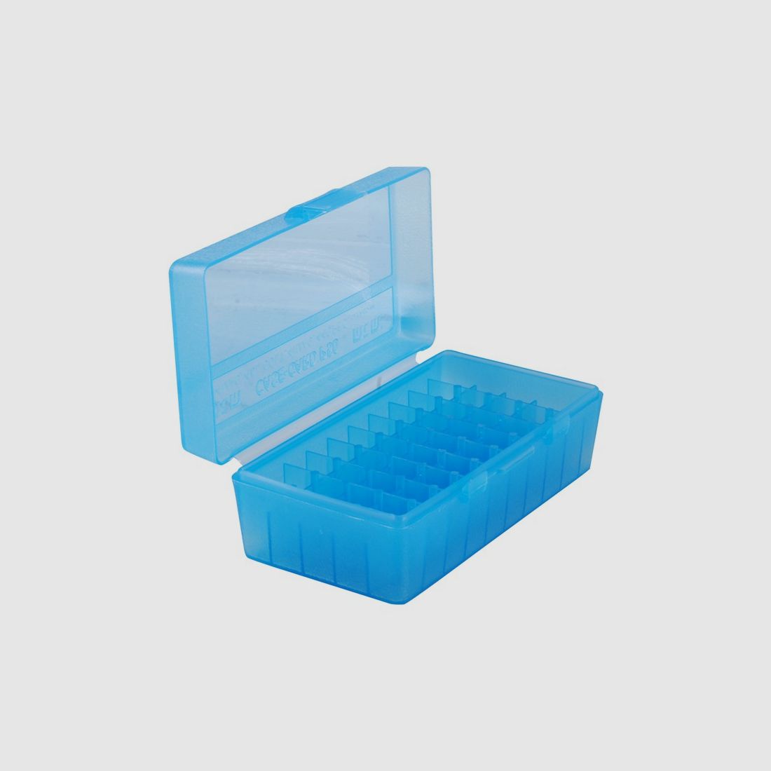 MTM scatola per cartucce P50-44-24 blu trasparente con coperchio a ribalta per 50 cartucce .44 Mag./.357 e altre.