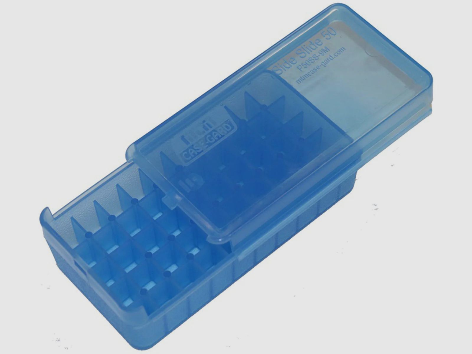 MTM Boîte à cartouches P50SS-45-24 Pistolet avec couvercle coulissant bleu transparent pour 50 cartouches .45 ACP